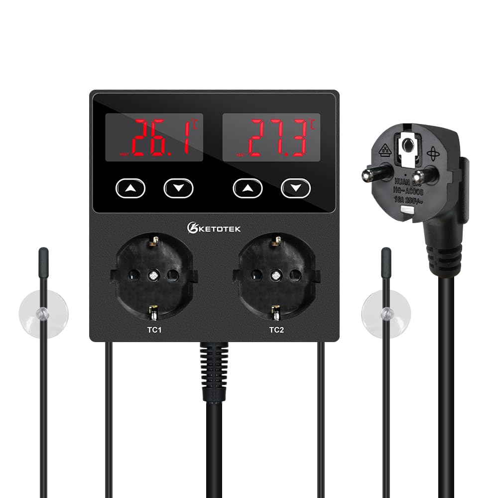 KETOTEK KT99pro Controlador de temperatura digital dual Salida 10A Relé Calefacción Enfriamiento Termostato Enchufe controlado con sensor para elaboración de cerveza de reptiles Fermentación Cría