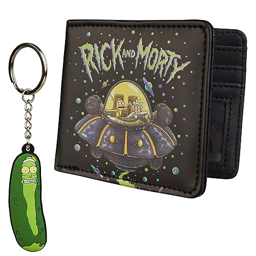 Rick and Morty Wallet for Teens Men with Keychain Wallet with ID Window Card Holder Pickle Rick Key Ring Set Funny Gifts for Men