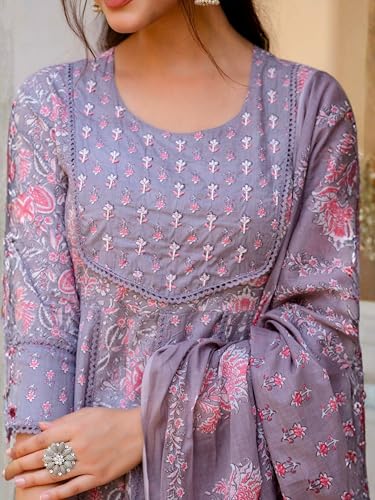 Image of Pure Cotton Anarkali Kurta Set for Women with Dupatta | 3 Piece Cotton Anarkali Suit | Floral Aari Work | Flared Ethnic Wear