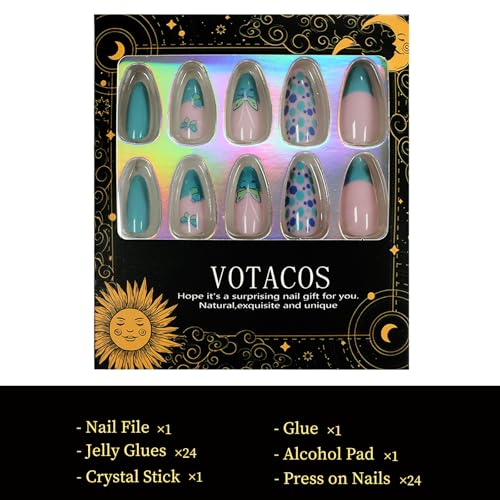 VOTACOS Green French Tip Press on Nails Almond Medium Nude Acrylic Fake Nails Press Ons with Designs 24PCS Butterfly Spot Patterns Glue on Nail for Women Reusable Artificial Stick on False Nail — view 5