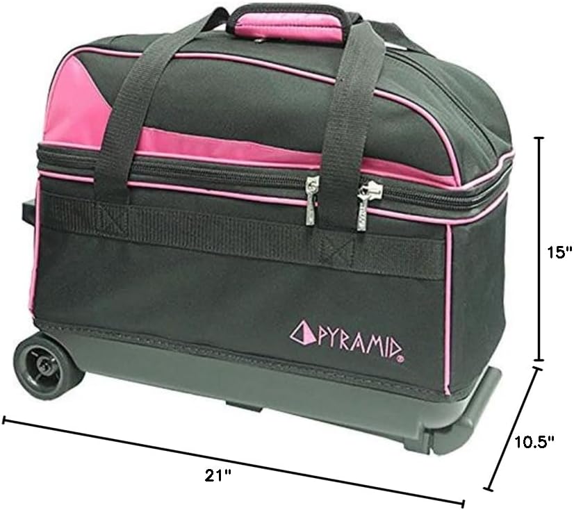 Pyramid Prime Double Roller 2 Ball Bowling Bag with Large Separate Compartment for Bowling Shoes (Up To US Mens Size 16) or Accessories, Locking Handle - Extends to 40"