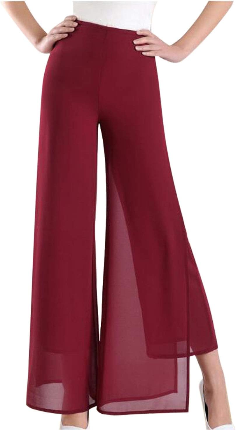 Double Plus Open Womens Chiffon High Waist Palazzo Dressy Pants Flare Elastic Waist Culottes Trousers Pant