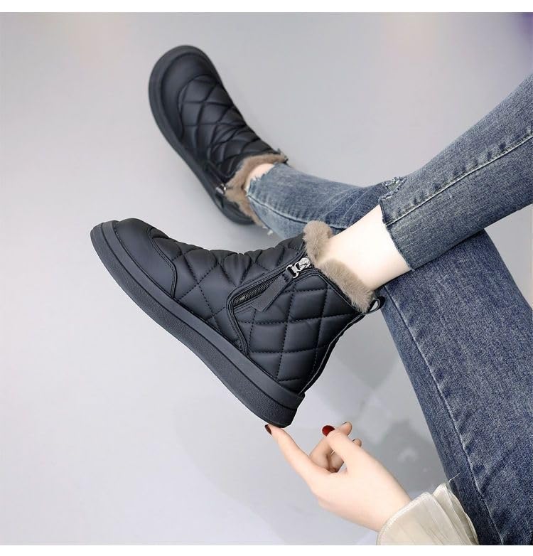 Women's Flat Ankle Boots, Side Zipper Plush Lined Snow Boots, Winter Warm Outdoor Shoes (Black,US 6)4