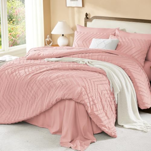 Image of Litanika Blush Pink Queen Size Comforter Set with Sheets - 7 Pieces Bed in a Bag Queen Boho Tufted Complete Bedding Sets with Comforter, Sheets, Pillowcases & Shams