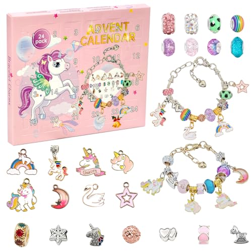 Nilnewuh Adventskalender Schmuck Charms, Mini DIY Bastelset mit Einhorn Armbänder, Anhänger & Bunten Perlen, Weihnachtskalender Countdown Überraschungen Kleine Geschenke für Mädchen und Junge Frauen
