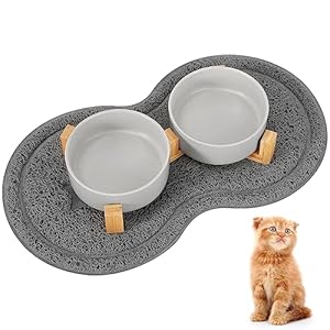 Cat Bowls, Revivoer 2 Pieces 400 ml Ceramic Cat Food Bowl, Solid Wooden Drinking Bowl Set with Stand Non-Slip Raised Feeding Bowls For Small Dogs (Grey)
