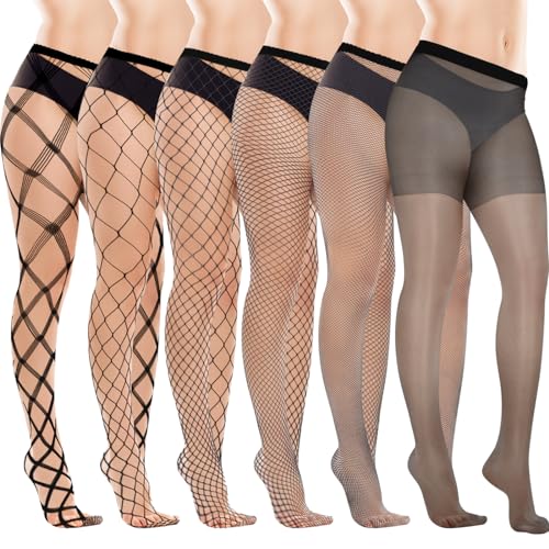 5 Pairs High Waist Tights Fishnet Stockings Thigh Pantyhose & 1 Pair Thigh High Waist Stocking for Women, Black Different Mesh Tights Silk Stockings Stay Up Lingerie Bodysuit Ladies Halloween Holiday