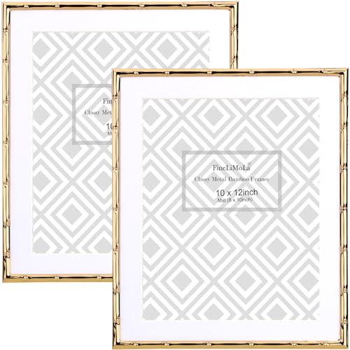 FineLiMoLa Gold 10x12 Metal Bamboo Detail Picture Frame with Acid Free Mat for 8x10 Set of 2 Elegant Narrow Plated Photo Frames with Soft Velvet Backing for Tabletop and Wall Dcor