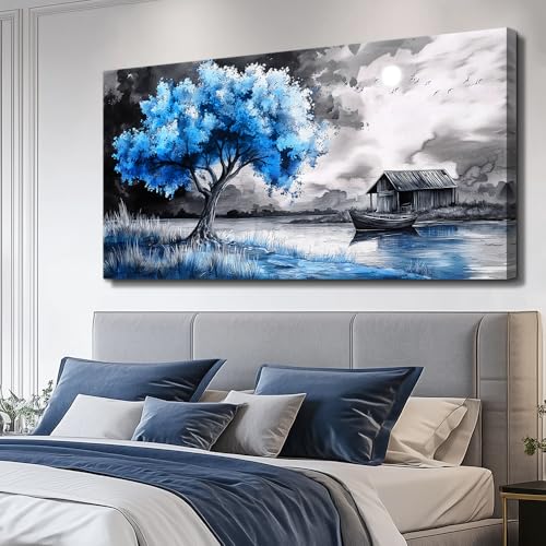 PHAOHUAXM Large Wall Art For Living Room Blue Wall Decor For Bedroom Black White And Blue Trees Wall Pictures Restaurant Office Frame Printing Canvas Large Artwork Modern Home Decoration 30x60 in