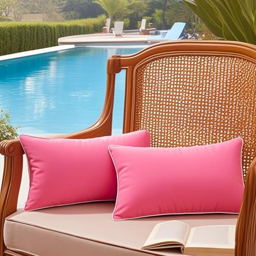JOJOGOGO 12x20 Hot Pink Outdoor Lumbar Pillows Waterproof Set of 2 Cute Pink Room Decor Couch Lumbar Pillow Covers 12 x 20 Patio Furniture Pillows Outdoor Waterproof & Sunproof (No Pillow Inserts)