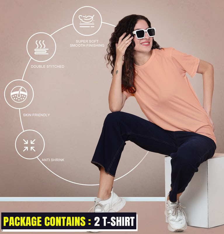 Image of Sleepynuts Women's S to 3XL Premium Half Sleeve Round Neck Plain Combed Cotton Tshirt Pack of 3 Loose Fit T-Shirts Combo