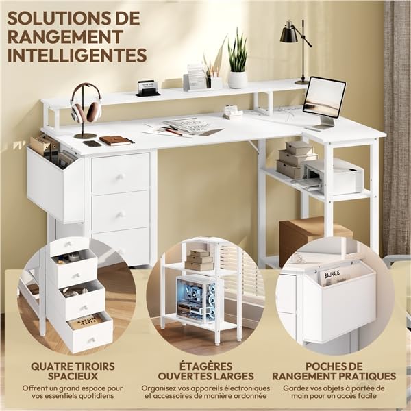 Bureau blanc avec rangement pour optimiser l'espace et brancher vos appareils - 6