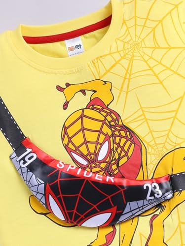 Image of Little Ninja Pure Cotton Knee Length Half Sleeve With Pocket Spider Man Printed Tee & Shorts Set - Yellow 0-6M