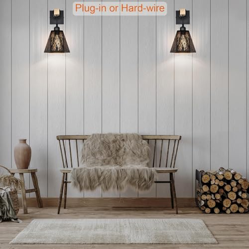 Image of Plug in Wall Sconces Set of 2,Forest Tree Black Rustic Wall Sconces,Farmhouse Metal Wall Mounted Lamp,Industrial Wooden Wall Light fixtures Indoor,Wall Lights for Living Room,Bedroom,Bedside