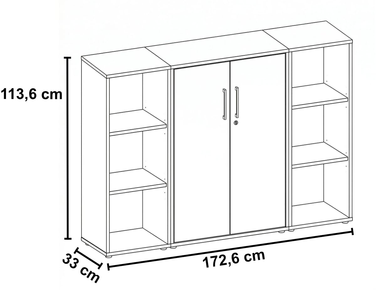 moebel-dich-auf Aktenschrank TABOR 2 abschließbar Highboard Büroschrank 2 Türen 6 offene Fächer Korpus Eiche Sonoma Front weiß matt