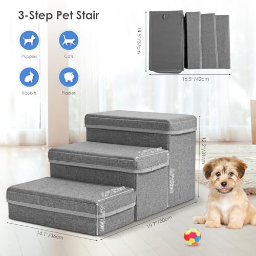 MINENICE Treppe für Hunde, 3 Stufen Faltbare Hundetreppe für Kleine Hunde mit Aufbewahrungsboxen Haustiertreppe für Sofa und Bett Hunde Treppe