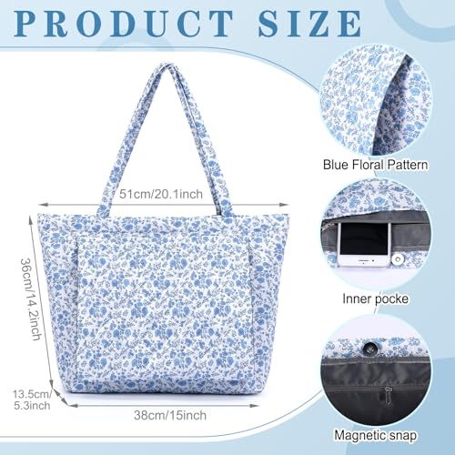 Sadnyy Blue Floral Quilted Yoga Bags with Mat Pocket for Women, Cute Cotton Floral Yoga Tote Carrier with Shoulder Strap, Ideal for Pilates, Travel, Office, Beach & Workout — view 3