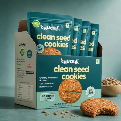 Image of Chuckle Clean Seed Oat Cookies with Flax & Sunflower Seeds 200g (4 Pack x 50g), Jaggery Sweetened Cookies without Palm Oil, Gluten Free Biscuits and Protein Cookie Snack with Oats & Seeds