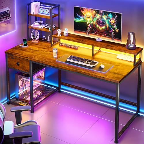 Image of EnHomee 44 Inch Computer Desk with Hutch and Drawers,Reversible Home Office Desk with Monitor Shelf,Small Gaming Desks with USB Power Outlets,Writing Table for Office with LED Lights,Rustic Brown