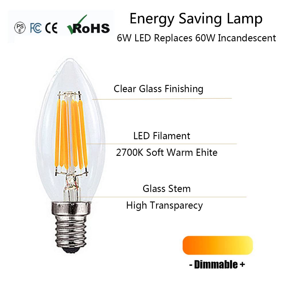 Ruihua E14 6W Dimmbare Warmweiß 2700K LED Filament Glühbirne,600LM Retro Kerzenbirne C35 Kleine Energiesparende Edison Spirale LED Lampen,20 Stück