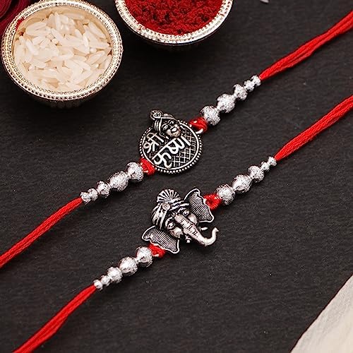 Image of Silver rakhi Magnet Gift for Brother Set of 1 - Krishna Ganesha Rakhis for Brother Bhai Bhaiya - Dessigner Rakhi Set of 2 with Fridge Magnet Men Boys Kids Rakshabandhan Designer Thread Bracelet Rakhis