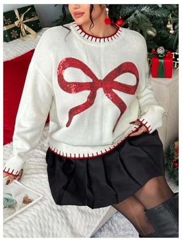 Image of RoseSeek Women's 3D Floral Appliques Crewneck Sweaters Long Sleeve Drop Shoulder Pullovers Elegant Knit Tops