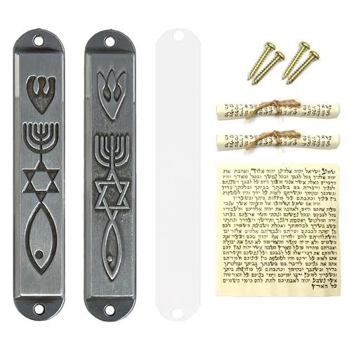 CAMATET Messianic Mezuzah with Scroll for Door, Set of 2 Metal Mezuzah Cases for Jewish House Warming Gift, Hannukah Decor (Retro Silver, 8 cm / 3.1 Inch)