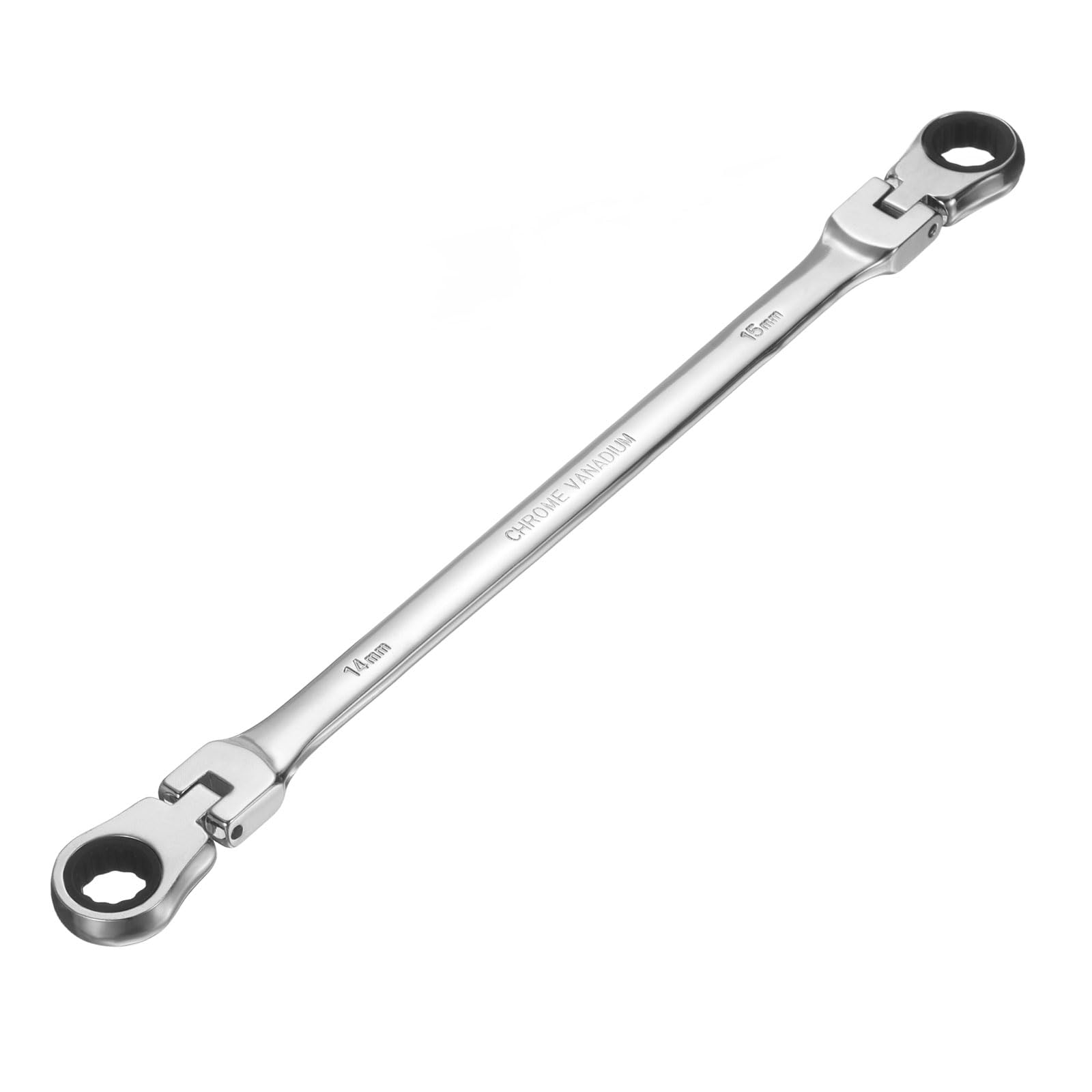 sourcing map Double Box End Wrench Extra Long Flex Head Metric 14 x 15 mm 72-Tooth 12-Point Ratcheting Double Box End Wrench 180 Degree Flex Head CR-V Steel for Garage Repair DIY, Silver