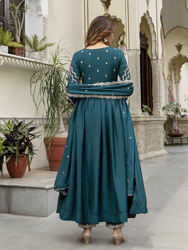 Image of TRENDMALLS Women's Silk Blend Embroidery Sequence Work Anarkali Kurta Pant Set with Dupatta For Women