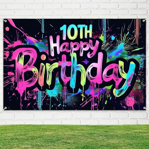 Image of HOMETITUTE Neon 10th Happy Birthday Banner 71x43 Inch Paint Splatter Glow in The Dark Party Backdrop Colorful Wall Decor for Kids Boys Girls Tenth Birthday Celebrations Photo Booth Event Supplies