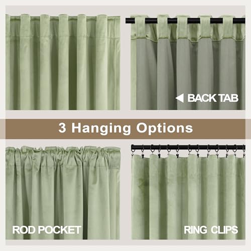 Image of Sage Green Back Tab Velvet Curtains 63 Inch Length for Boys Bedroom Girls Room Darkening Thermal Insulating Short Curtains for Kitchen Closet Movie Theater Rustic Vintage Decor Satin Silky 2 Panels