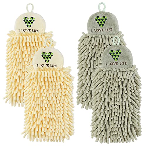 4 Pack Chenille Hand Towel With Hanging Loops, Soft Absorbent Microfiber Embroidery Hanging Hand Towels Plush Quick-Drying Chenille Ball Hand Towels For Bathroom Kitchen (Light Green + Beige) #TOP4