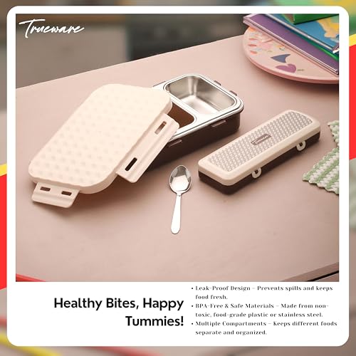 Image of Trueware Crest Lunch Box 2 Compartment Leak-Proof BPA Free Stainless Steel, Lunch Box for Kids, Lunch Box for School & Office with a Spoon, 580 ML (LBK-Crest-Brown BAZ)