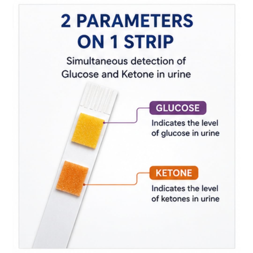 Microsidd Glucose & Ketone Urine Test Strips 100 Count | 2 Parameter Urinalysis Reagent Strips for Glucose and Ketones | Dip & Read Urine Testing Strips with Colour Chart | No Analyser Required 2