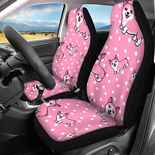 Image of Modysero Polka Dots Corgi Print Pink Car Set Cover Full Set Durable Soft Front Rear Bench Seat Cover Set for Women Elastic Breathable Automotive Seat Protector Universal Fit All Cars Trucks