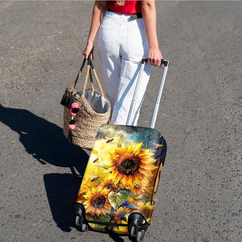 Suitcase Cover for Luggage 29-32 Inch, Washable Elastic Anti-Scratch Luggage Protector, Durable Zipper Baggage Cover with Handle Wrap, Travel Accessories for Suitcase,Sunflower and Bees in Rain2