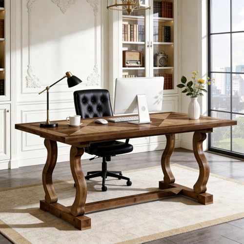 TRIBEWOOD Solid Wood Executive Desk, 63" Large Computer Desk for Home Office, Farmhouse Rustic Wooden Workstations Business Office Furniture with Diamond Parquetry Top and S-Scroll Legs, Walnut