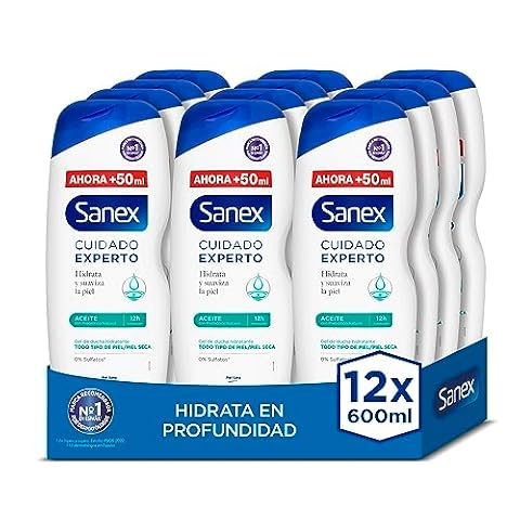 Sanex Expert Care żel pod prysznic, opakowanie 12 sztuk x 600 ml, żel do kąpieli do skóry suchej, delikatnie oczyszcza, nawilża i zmiękcza skórę, kompleks prebiotyczny i postbiotyczny, 12 godzin
