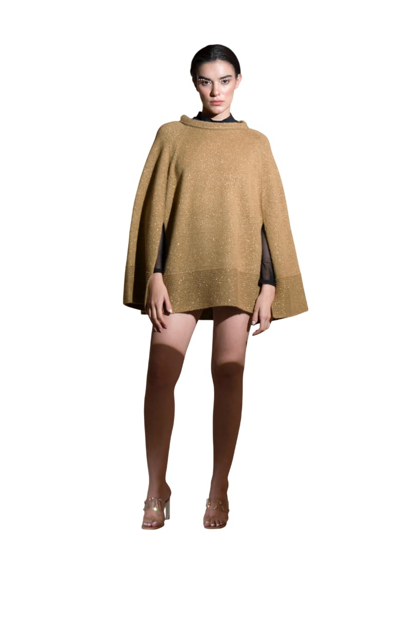 Women’s Cloak Wool Outerwear | Draped Cloak Style Layer with Open Front Shawl Construction | Woolen Textured Fabric with Contrast Border Detailing | Indo-Western Fashion Wrap, Fawn-image-49