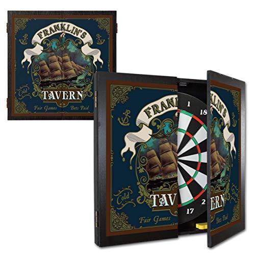 THOUSAND OAKS BARRELCO. | Personalized Dart Board Cabinet Set for Adults with 6 Steel Tip Darts (Tavern Design Dartboard Set)