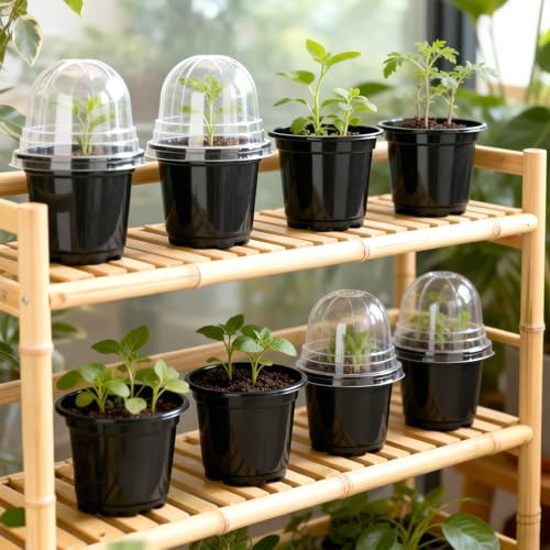 KINGLAKE 12 Stück Anzuchttöpfe pflanztöpfe 10cm, Pflanztopf Aufzuchttöpfe Klein, Blumentöpfe Kunststoff Mit Kuppel Deckel und 12 Stück Pflanzenstecker, Setzlinge Anzucht Töpfe Plastik-Schwarz
