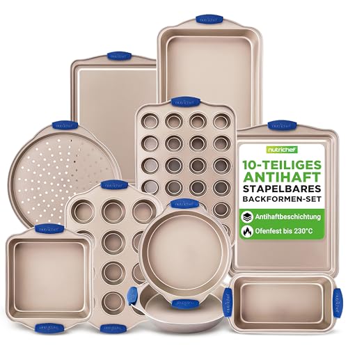 NutriChef Backset 10-teilig – Antihaft Backformen mit Silikongriffen, stapelbar, ofenfest bis 230 °C für Kuchen, Muffins & Brot