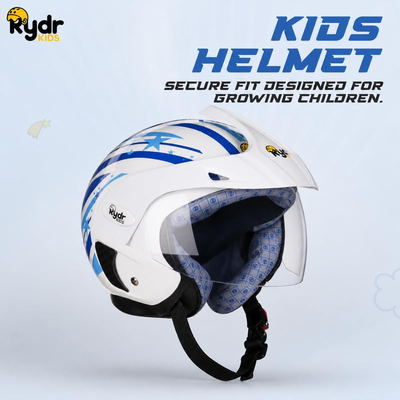 Image of Rydrkids Star S Peak - Leo Blue Kids Motorcycle Helmet with Visor & Peak - Size S 3 to 7 Years, Lightweight & Adjustable Safety Helmet for Boys