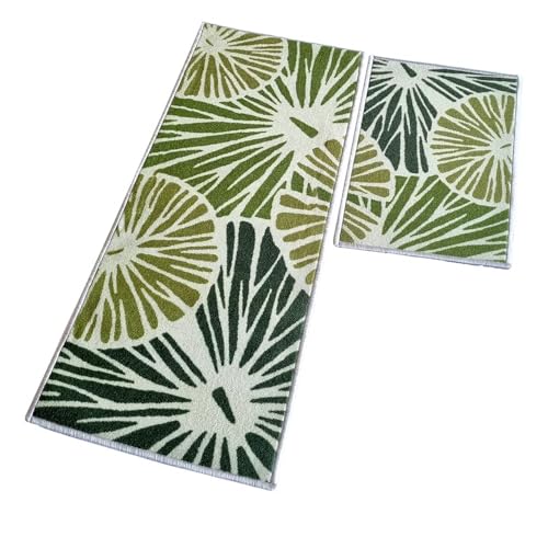 Image of Matz&More Floral Pattern Runner Carpet Set | 2 Piece Anti-Slip Nylon Floor Mat 50 x 120 cm Runner & 40 x 60 cm Mat | Washable Low Pile Indoor Rug for Kitchen, Bedroom, Bathroom & Entrance | Green