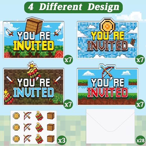 Mining Pixel Party Invitations - 28 Pack
