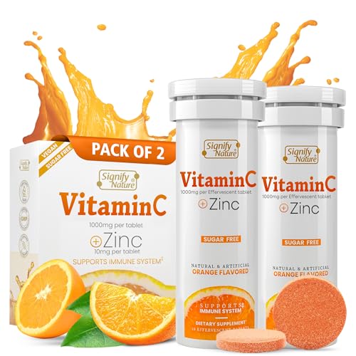 SIGNIFY NATURE Vitamin C 1000mg Effervescent Tablets – Potent Immune Support VIT C with Zinc Supplement – Sugar-Free & Vegan Formula | Dissolvable Vitamin C Tablets – Water Soluble Fizzy Elixir – 20CT