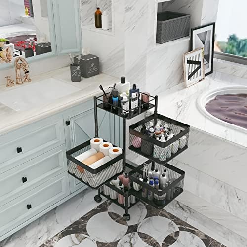 xinyourui Rotating Kitchen Storage Rack，Bathroom Shelf，Kitchen Organization and Storage，Bathroom Storage Organizer，Fruit Basket，Rolling Carts with Wheels(Black, 4 Tier-Square)
