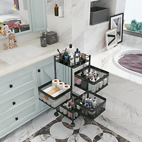 Xinyourui Rotating Kitchen Storage Rack，Bathroom Shelf，Kitchen Organization And Storage，Bathroom Storage Organizer，Fruit Basket，Rolling Carts With Wheels(Black, 4 Tier-Square) #TOP7