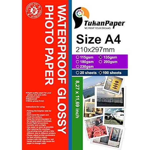 Waterproof Photo Glossy White Paper A4 100 Sheets 8.3x11.7’’ (210 x 297mm) 135 gr weight. Dries Quickly better finish colors Best Look Pictures print for all inkjet printer Cover