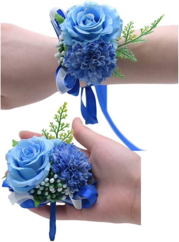 Juego de 2 ramilletes de muñeca y boutonniere, pulsera de ramillete de rosa artificial, rosa artificial y clavel, flores de seda hechas a mano para novio, novia, padrinos de boda, fiesta de graduación